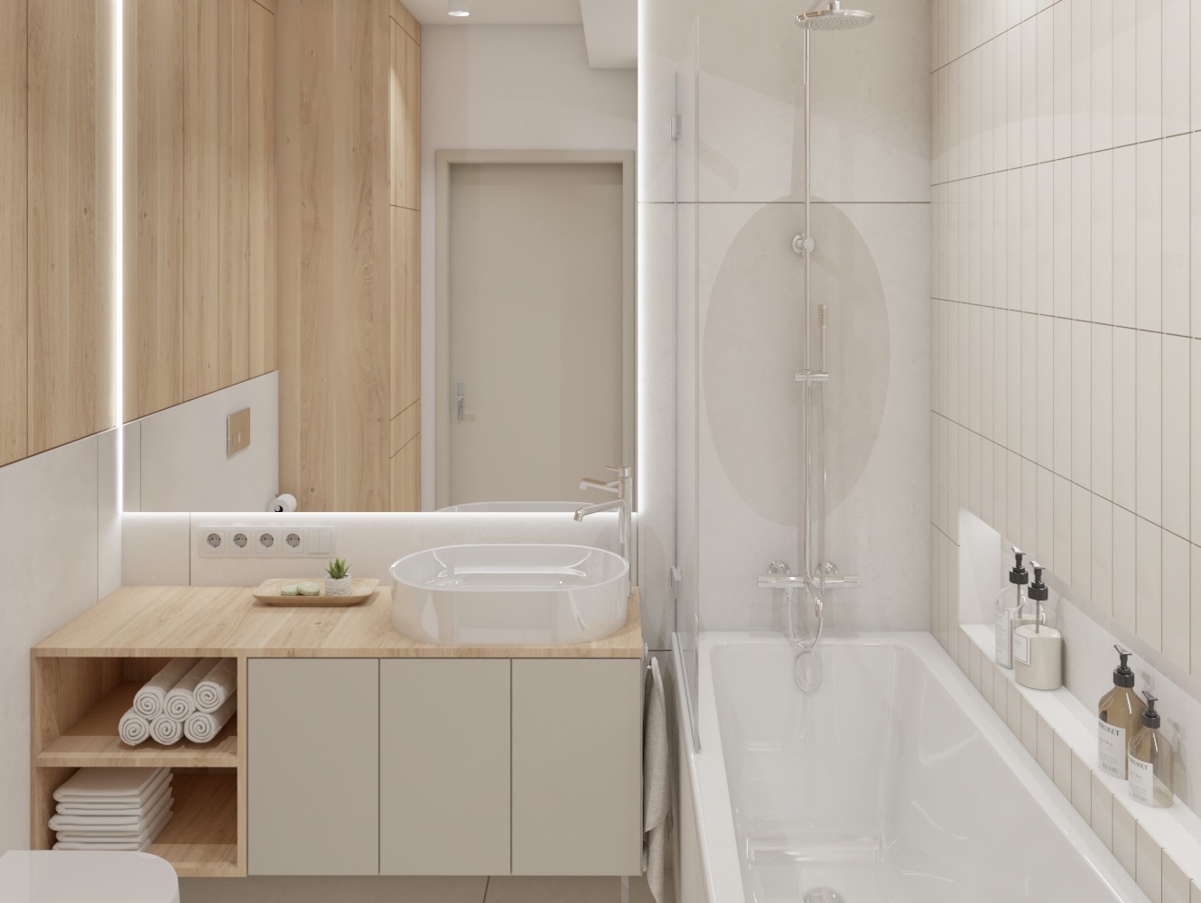 Jasna łazienka z drewnianymi akcentami: wanna, umywalka nablatowa, ręczniki w półce, minimalistyczne płytki.