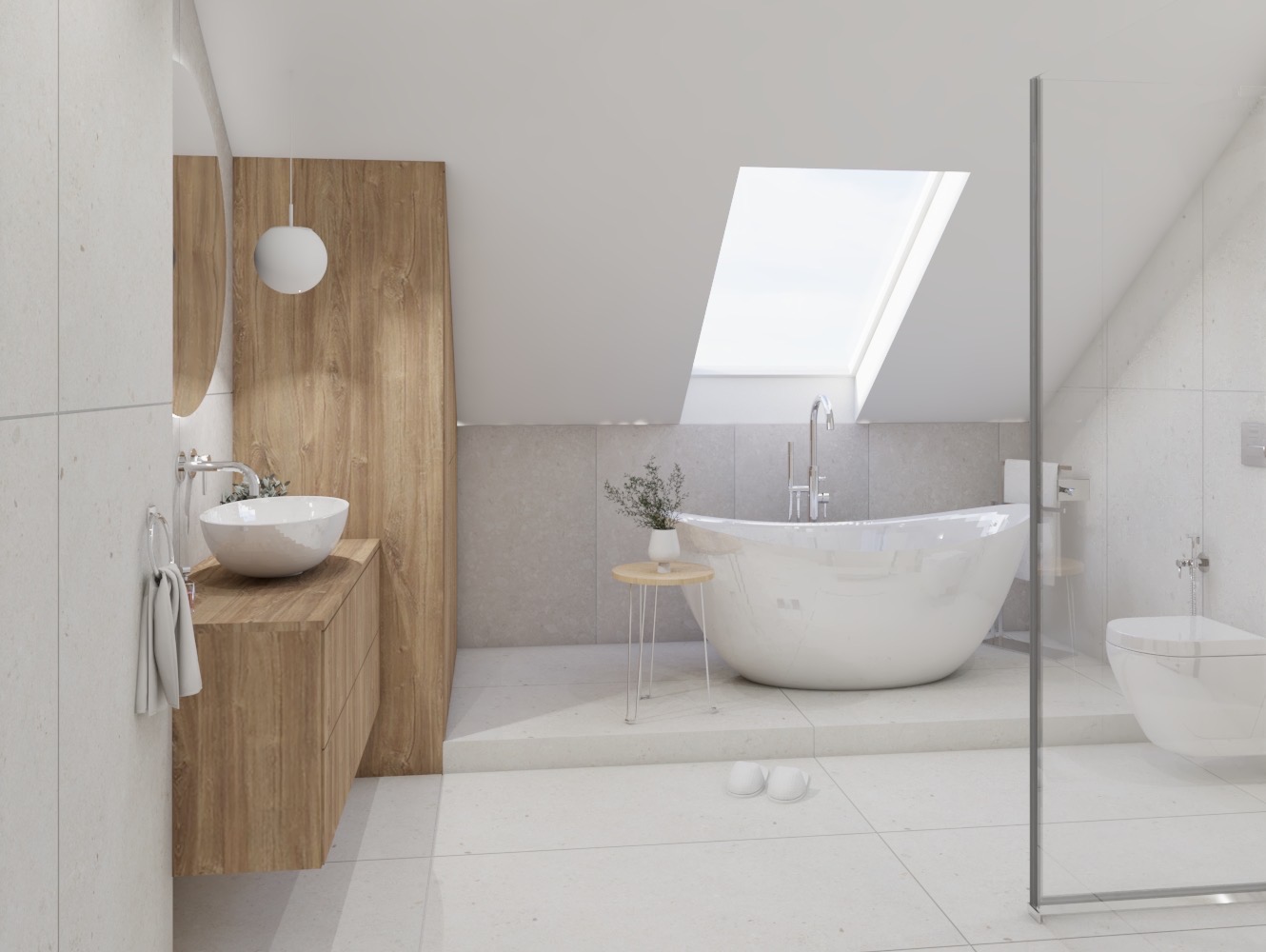 Jasna łazienka na poddaszu z wolnostojącą wanną, umywalką nablatową na drewnianej szafce, szklaną kabiną prysznicową i oknem dachowym.