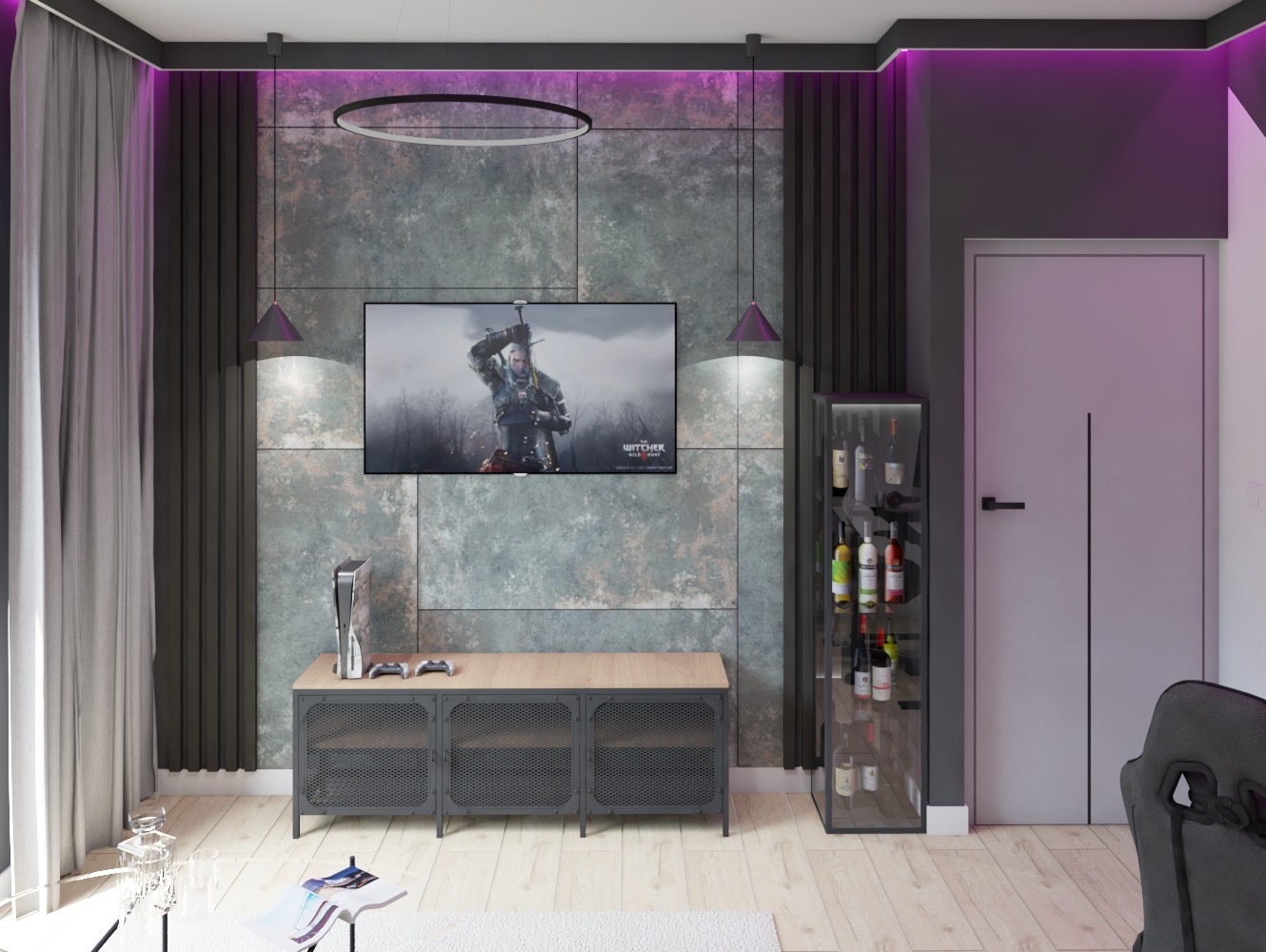 Nowoczesny salon z szaro-zieloną ścianą akcentową, podświetleniem LED, telewizorem z grą Wiedźmin, konsolą PlayStation 5, szafką RTV z metalowymi drzwiczkami, barkiem z winami oraz zasłonami.