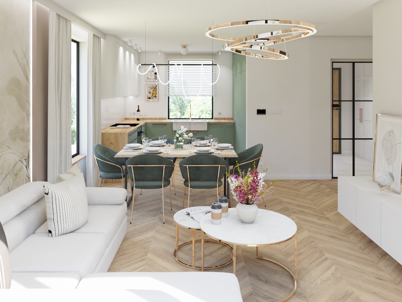Jasne wnętrze mieszkania z otwartą kuchnią, jadalnią i salonem. Biała sofa z poduszkami, okrągły stolik kawowy z marmurowym blatem i złotą podstawą, stół jadalny z zielonymi krzesłami, drewniana...