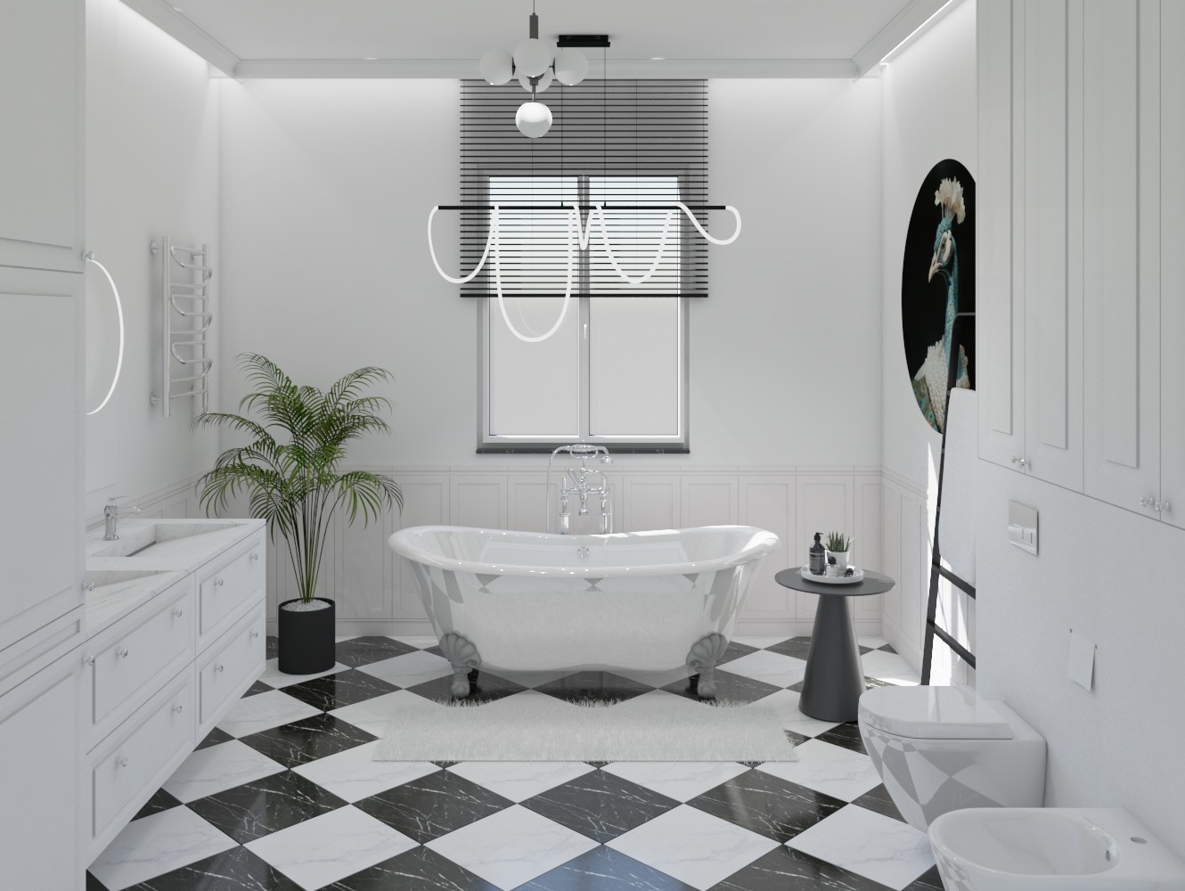 Elegancka, biała łazienka z wolnostojącą wanną na lwich łapach, czarno-białą szachownicą na podłodze, nowoczesną lampą i dekoracyjnym obrazem pawia.