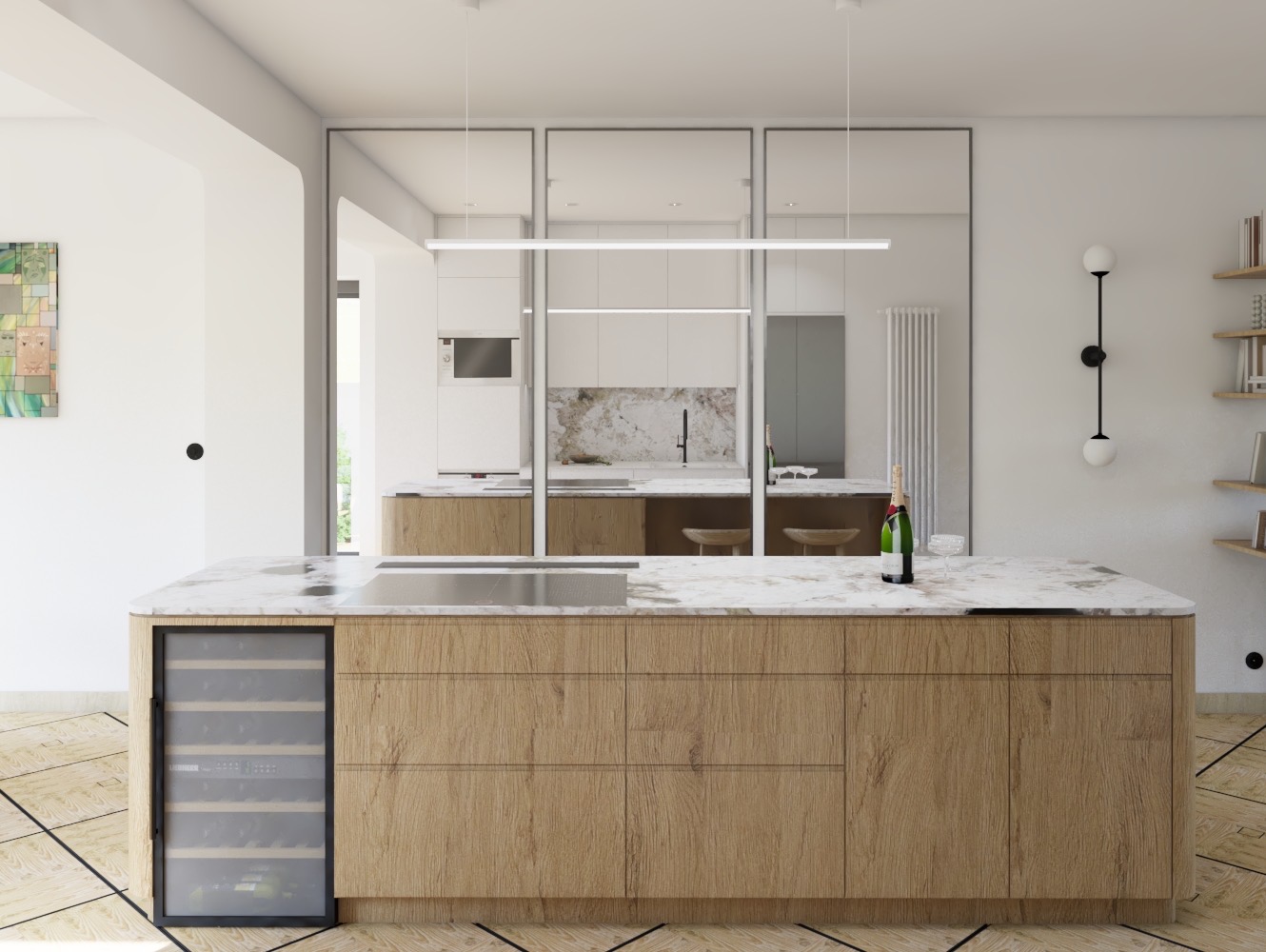 Wizualizacja nowoczesnej kuchni z wyspą wykończoną drewnem i blatem z marmuru, z wbudowaną chłodziarką do wina, butelką szampana i kieliszkiem na blacie, widokiem na dalszą część kuchni przez...