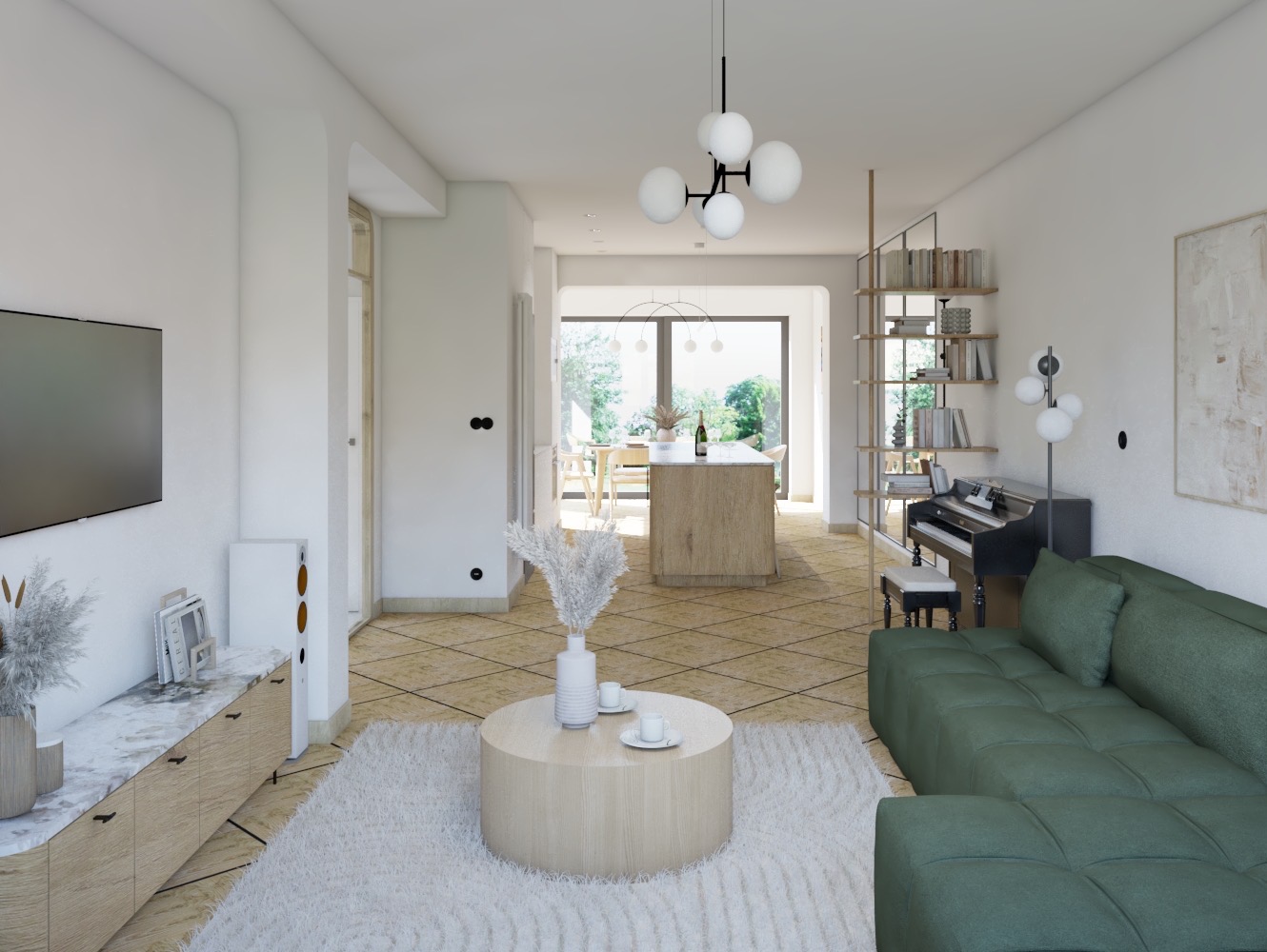 Wizualizacja przestronnego salonu z otwartą kuchnią, zielona sofa modułowa, okrągły stolik kawowy na puszystym dywanie, fortepian z półkami na książki w tle, wyspa kuchenna z blatem.