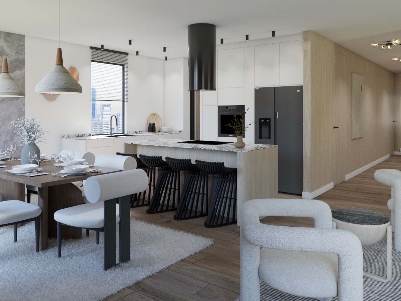 Nowoczesna kuchnia z wyspą, czarnymi hokerami i drewnianym stołem jadalnym, oświetlona wiszącymi lampami z elementami drewna.