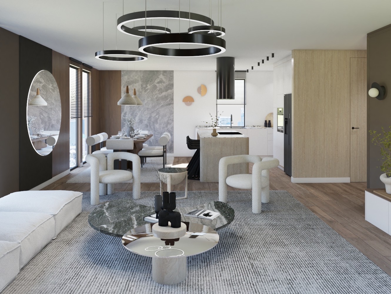 Nowoczesny salon z otwartą kuchnią i jadalnią, charakteryzujący się minimalistycznym designem, okrągłymi lampami sufitowymi i marmurowymi akcentami na ścianie.