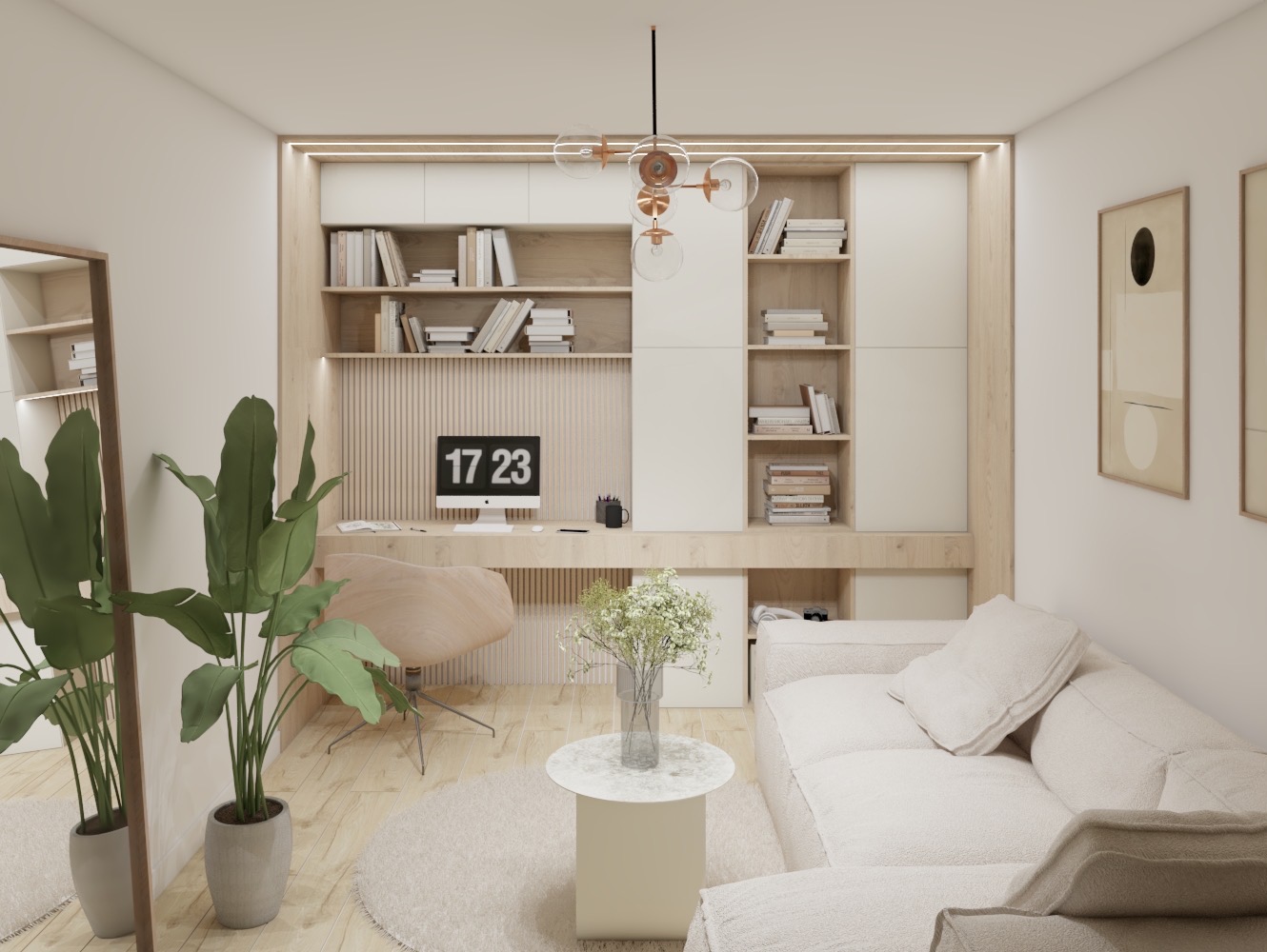 Jasne wnętrze z biurkiem w zabudowie, regałami, beżową sofą i okrągłym dywanem, oświetlone nowoczesną lampą wiszącą z kulistymi kloszami.