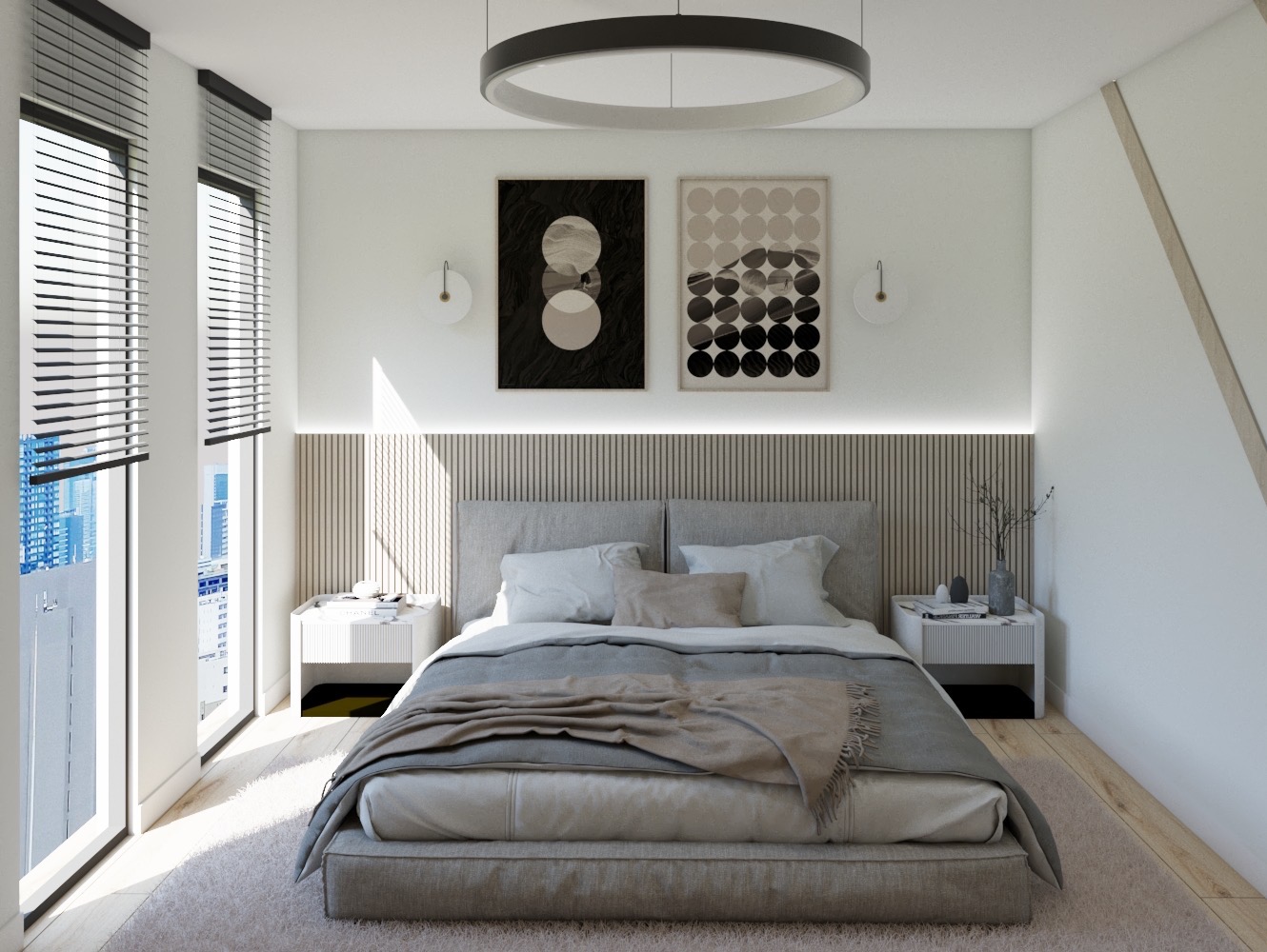 Nowoczesna sypialnia z łóżkiem kontynentalnym, drewnianym panelem za wezgłowiem podświetlonym LED, minimalistycznymi lampkami nocnymi i abstrakcyjnymi obrazami w czarno-białej kolorystyce.