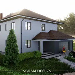 Wizualizacja dwukondygnacyjnego domu z garażem, z brązowym dachem i jasnoszarą elewacją, otoczonego zielenią. Na podjeździe stoi czarny samochód, a obok niego kobieta z torebką.