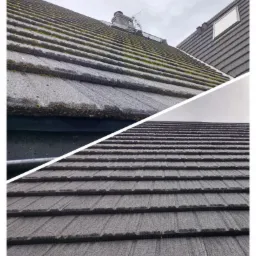 Porównanie stanu dachu przed i po czyszczeniu: górna część pokryta mchem i zabrudzeniami, dolna część z czystą, szarą dachówką.