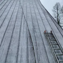 Stromy, metalowy dach pokryty lodem i śniegiem, z drabina opartą o jego bok, widoczne nagie drzewa na tle pochmurnego nieba.