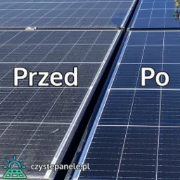 Porównanie stanu paneli słonecznych przed i po czyszczeniu, widoczne zabrudzenia na panelach po lewej stronie i czysta powierzchnia po prawej.