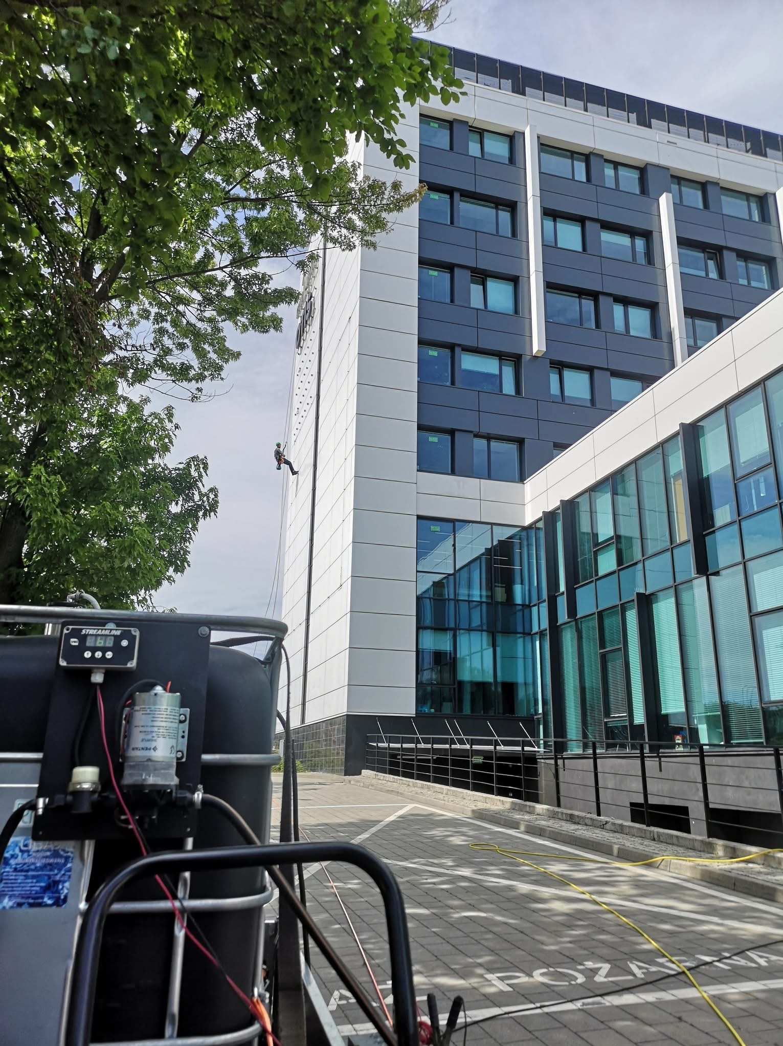 Pracownik na linie, z bliska widoczny sprzęt do mycia, czyści elewację biurowca o nowoczesnej architekturze. Widok z dołu, częściowo zasłonięty przez drzewo.