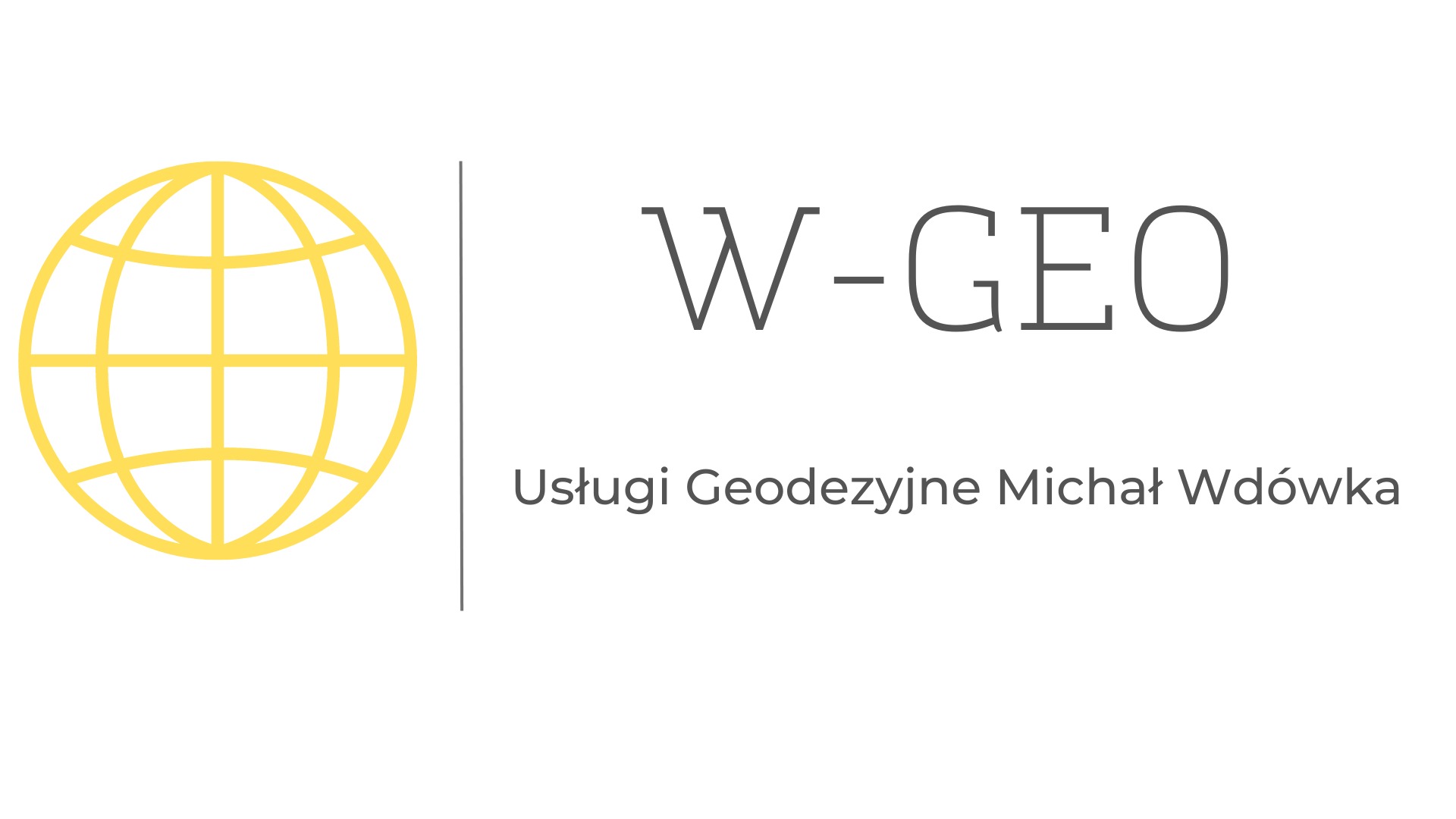Logo firmy W-GEO Usługi Geodezyjne Michał Wdówka z symbolem globu w kolorze żółtym.