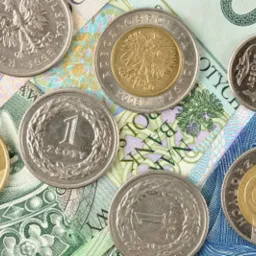 Różnorodne polskie monety i banknoty ułożone na płasko, widoczne nominały 1, 2, 5 złotych oraz 20 groszy, banknoty w tle z motywami orła i roślinnymi ornamentami.