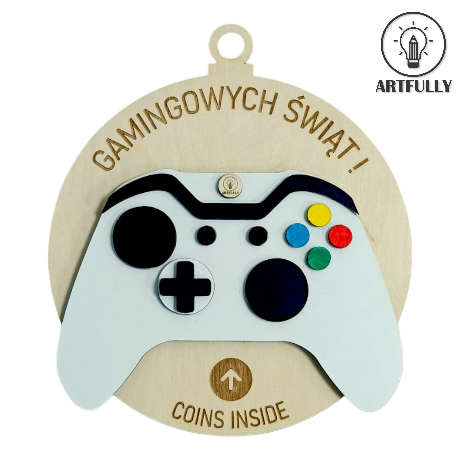 Drewniana bombka choinkowa w kształcie pada do konsoli z wygrawerowanym napisem 'Gamingowych Świąt!' i miejscem na bon podarunkowy/gotówkę.