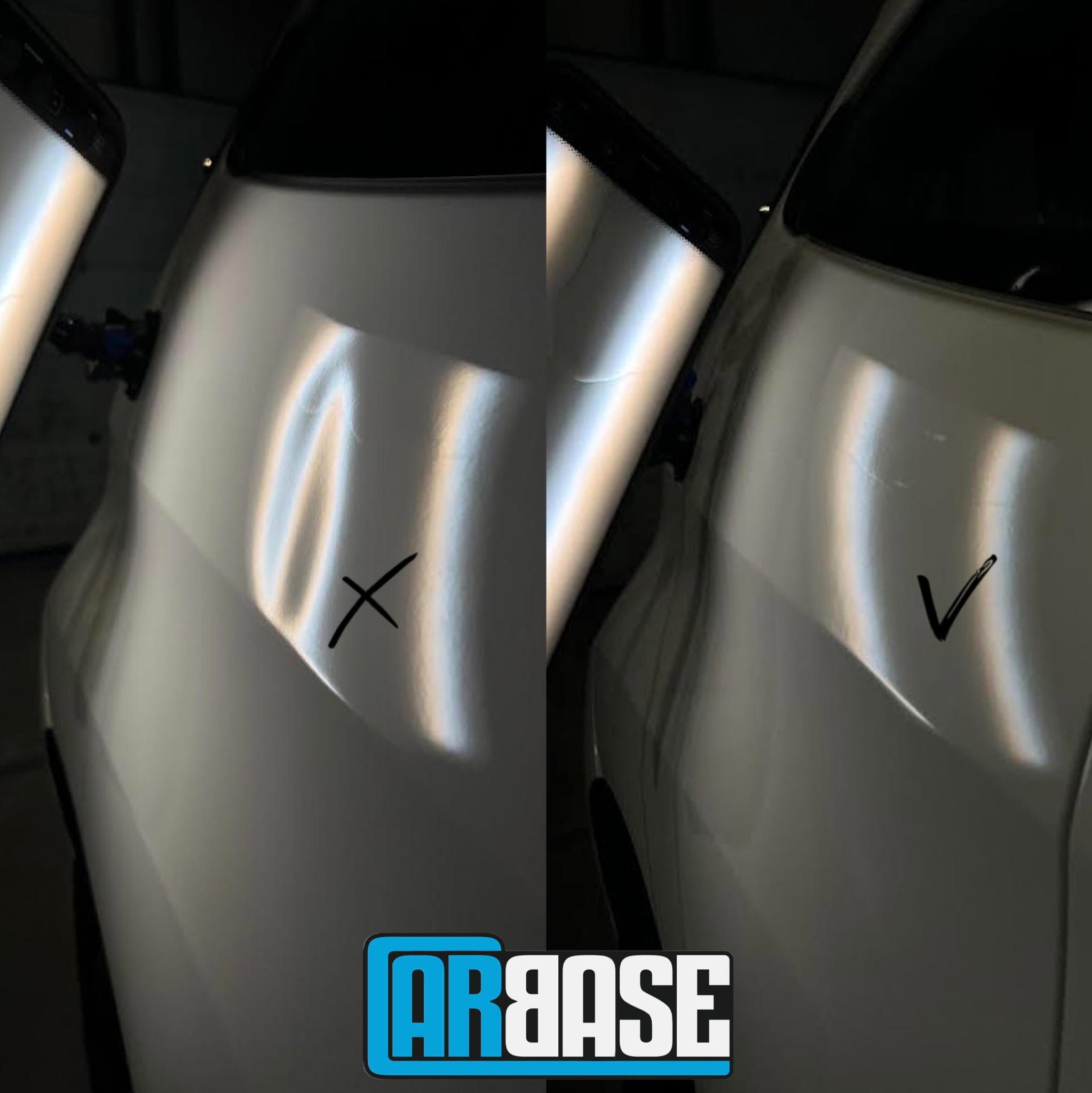 Dwa ujęcia tego samego błotnika samochodowego, po lewej zarysowany krzyżykiem, po prawej z symbolem odhaczenia, sugerujące naprawę uszkodzenia, widoczne narzędzie do naprawy w tle, logo firmy...