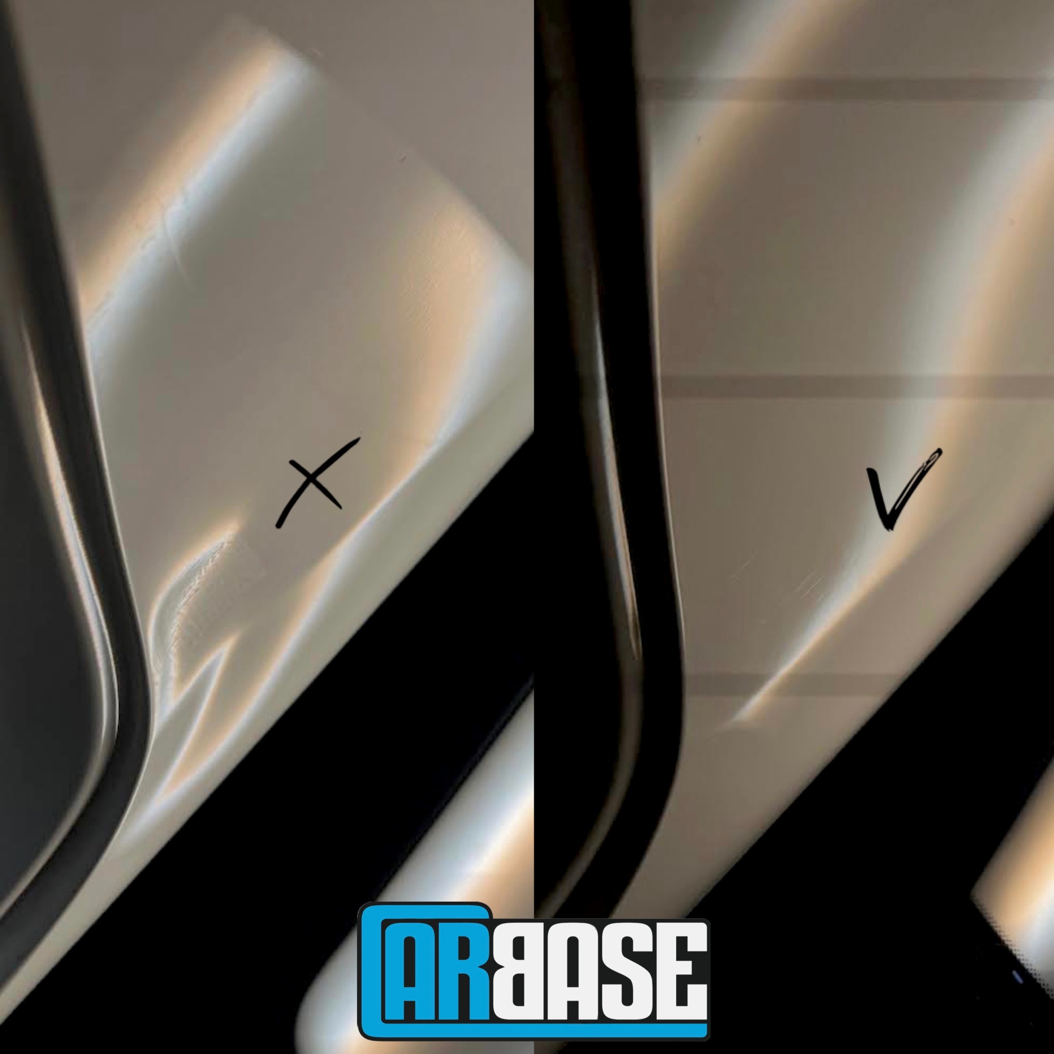 Porównanie stanu karoserii przed i po naprawie w Otwocku, z zaznaczonym miejscem uszkodzenia krzyżykiem i efektem końcowym z symbolem odhaczenia.