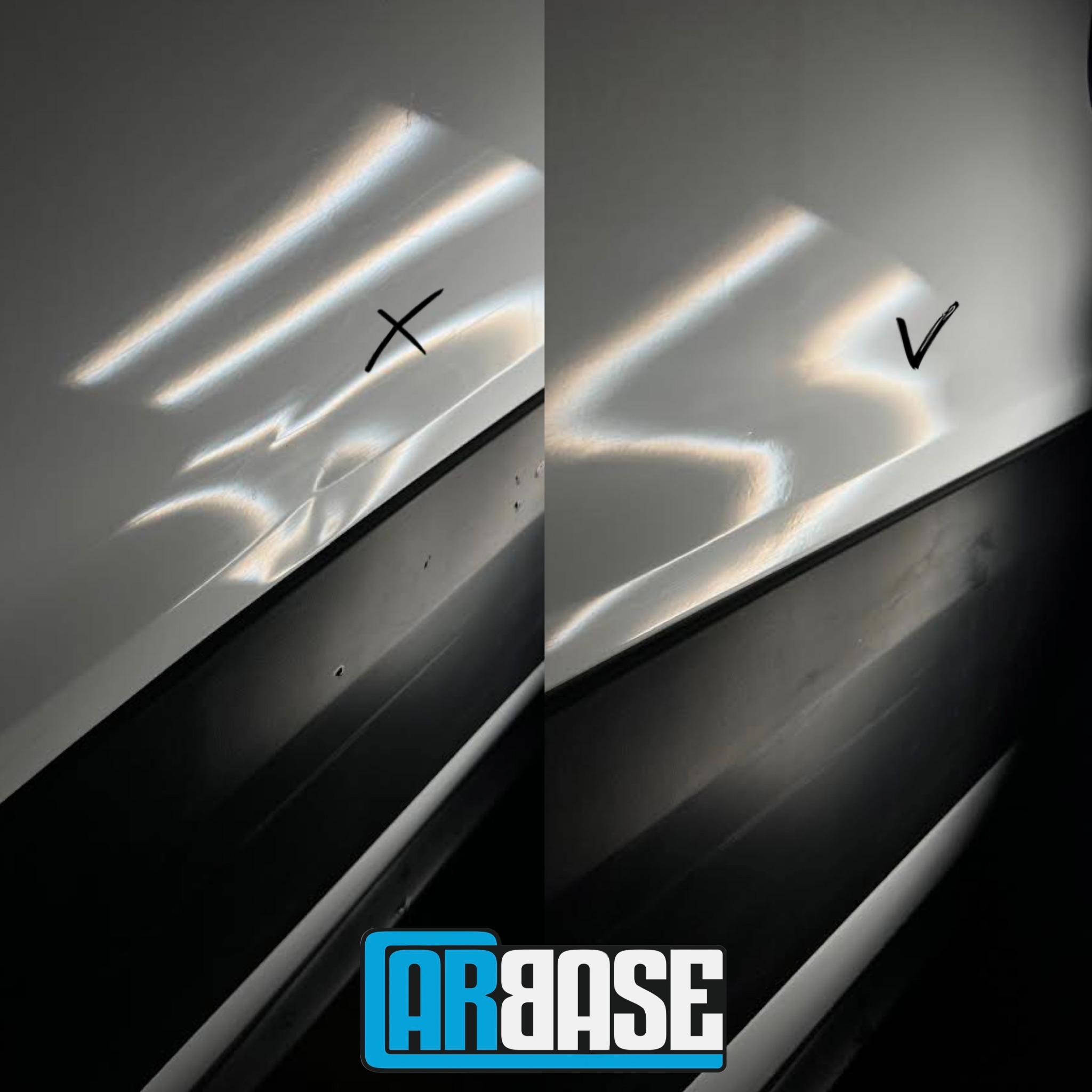 Fragment karoserii samochodu przed i po naprawie wgniecenia, z zaznaczeniem miejsca uszkodzenia krzyżykiem i poprawionego obszaru ptaszkiem, w tle widoczne logo Carbase.