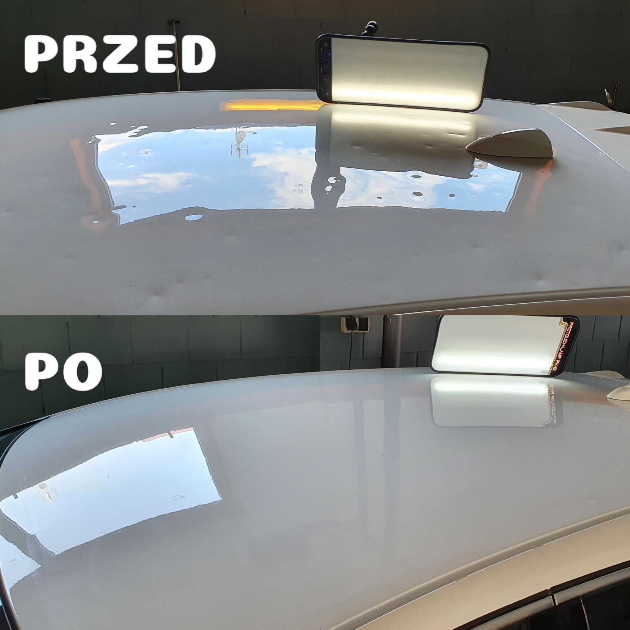 Porównanie dachu samochodu przed i po usunięciu wgnieceń; widoczne odbicie nieba i lampa inspekcyjna.
