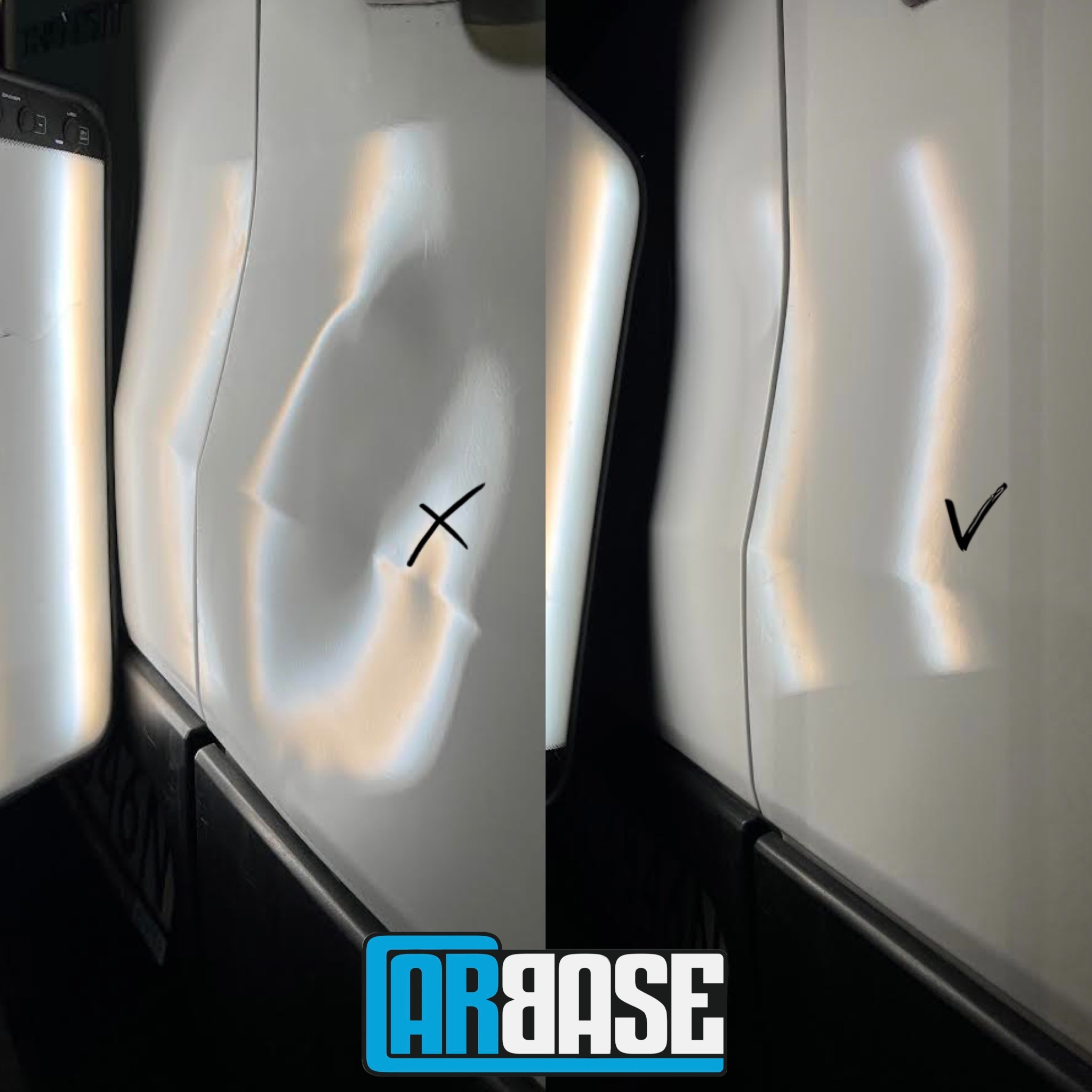 Białe drzwi samochodu przed i po naprawie wgniecenia, zaznaczone 'X' i 'V' dla porównania, logo firmy w dolnej części zdjęcia.