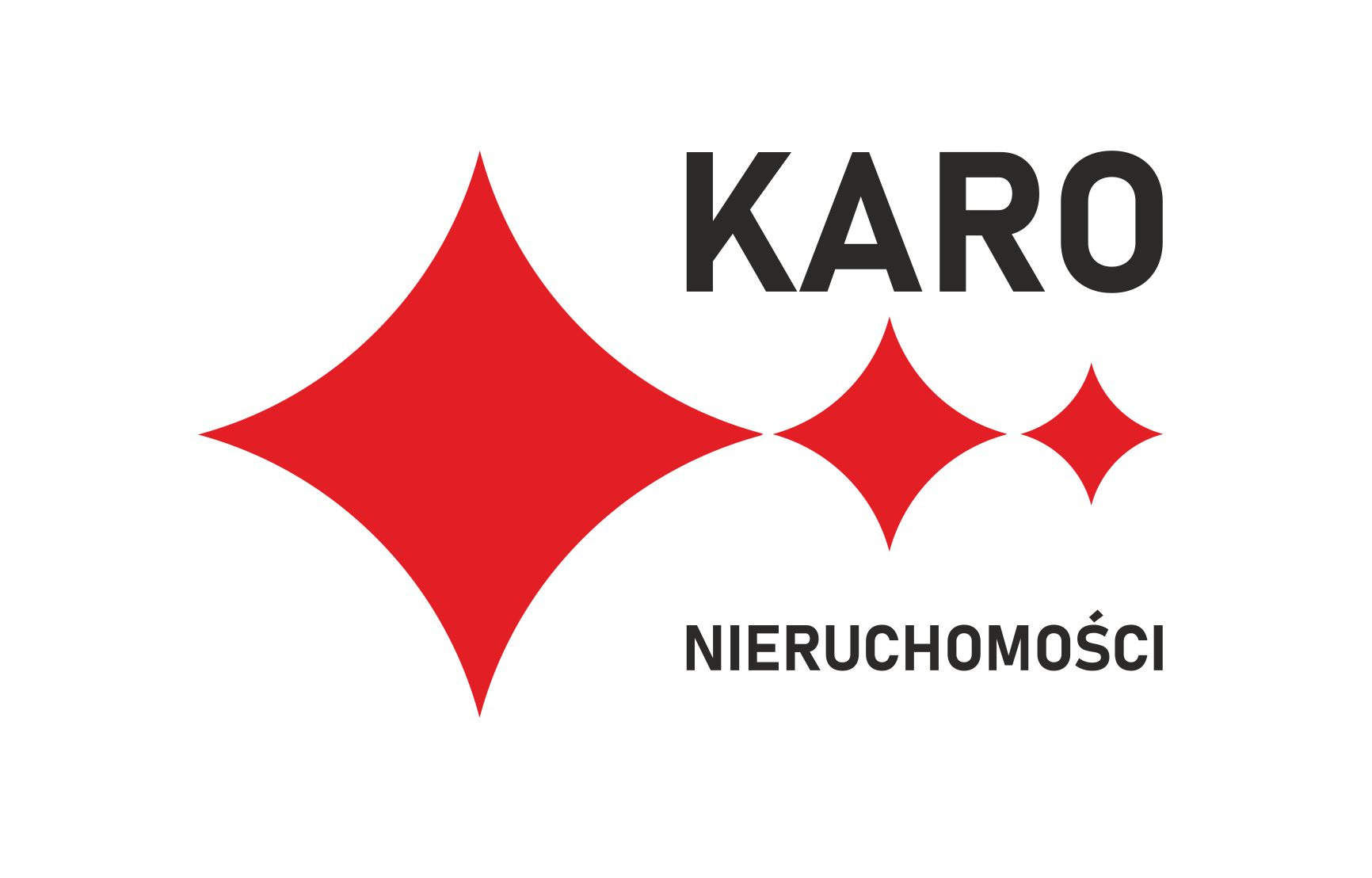 Logo firmy KARO Nieruchomości z trzema czerwonymi rombami różnej wielkości.