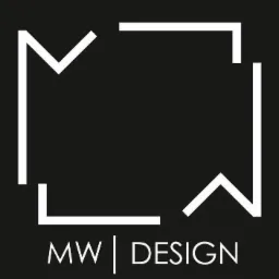 Minimalistyczne logo firmy MW Design na czarnym tle, przedstawiające białe, geometryczne kształty tworzące obrys kwadratu.