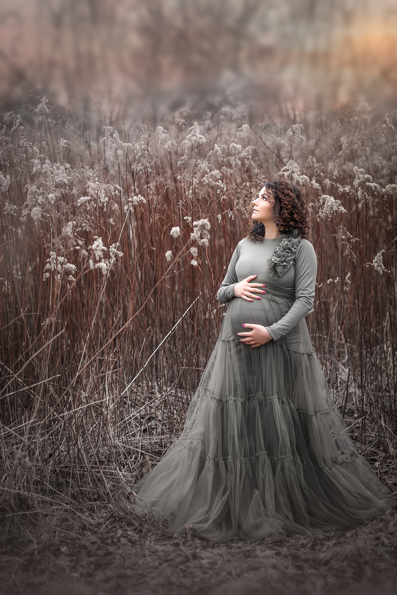 Kobieta w ciążowej sukni z tiulu w odcieniach szarości, pozująca na tle wysokich, wysuszonych traw, z rękami na brzuchu i wzrokiem skierowanym ku górze.