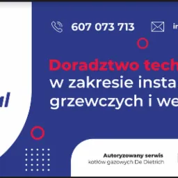 Grafika reklamowa firmy JWInstal oferującej doradztwo techniczne w zakresie instalacji grzewczych i wentylacji, autoryzowany serwis kotłów gazowych De Dietrich, z podanym numerem telefonu i adresem...