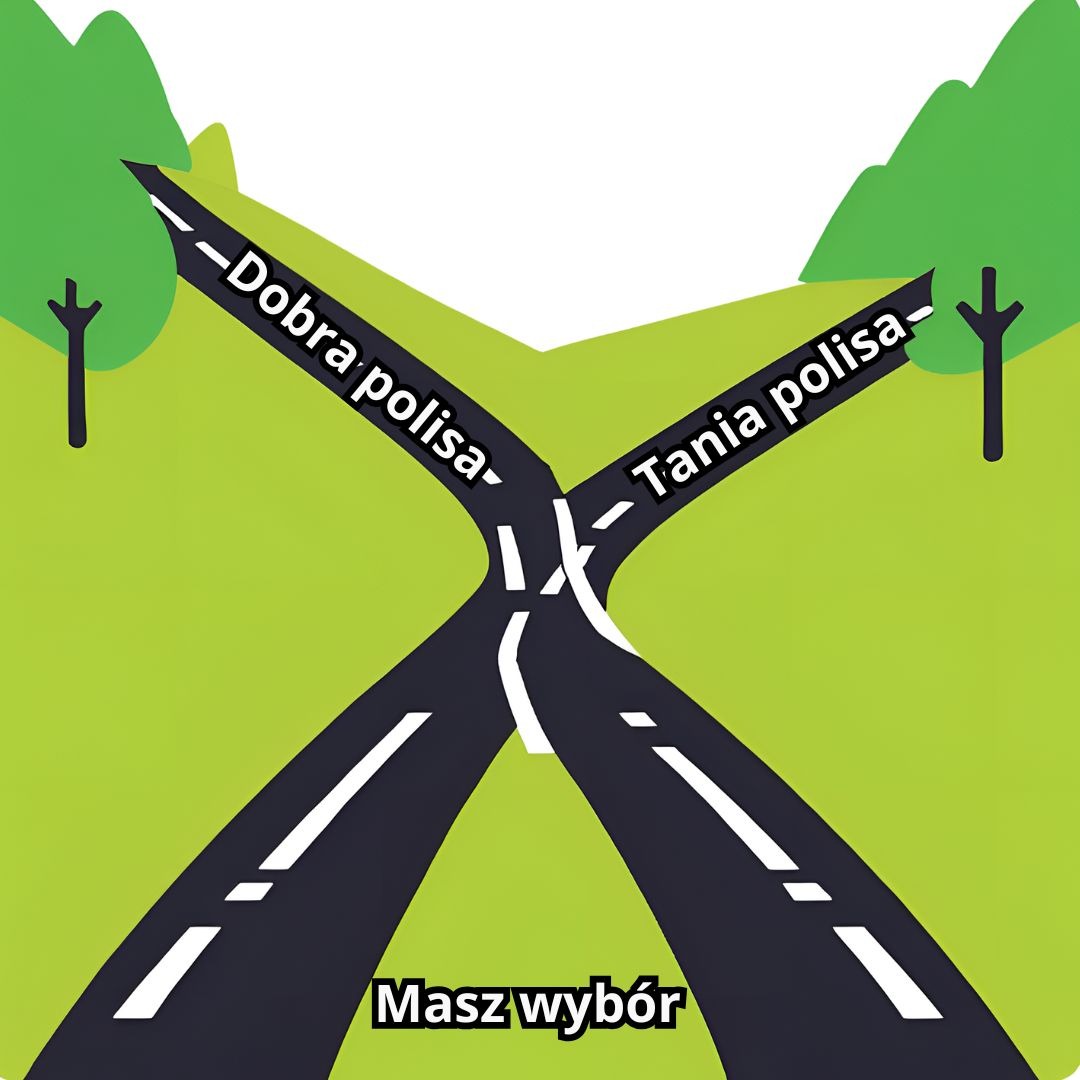 Grafika przedstawia rozwidlenie dróg z napisami 'Dobra polisa' i 'Tania polisa', z hasłem 'Masz wybór' na dole, sugerująca wybór oferty ubezpieczeniowej.