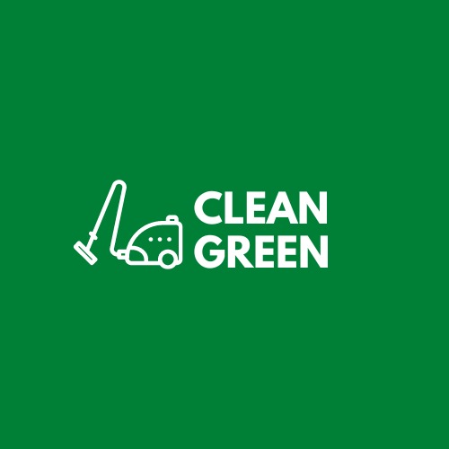 Logo firmy sprzątającej Clean Green z ikoną odkurzacza na zielonym tle.