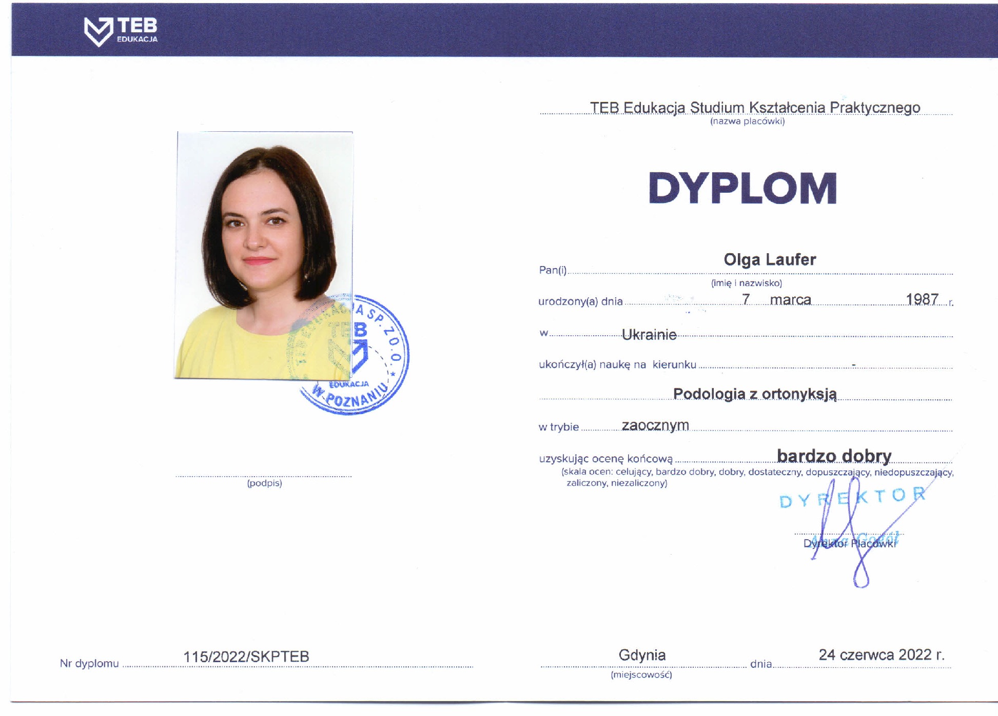 Dyplom ukończenia Studium Kształcenia Praktycznego TEB Edukacja w Gdyni, imię i nazwisko Olga Laufer, kierunek Podologia z ortonyksją, ocena bardzo dobry, data 24 czerwca 2022.