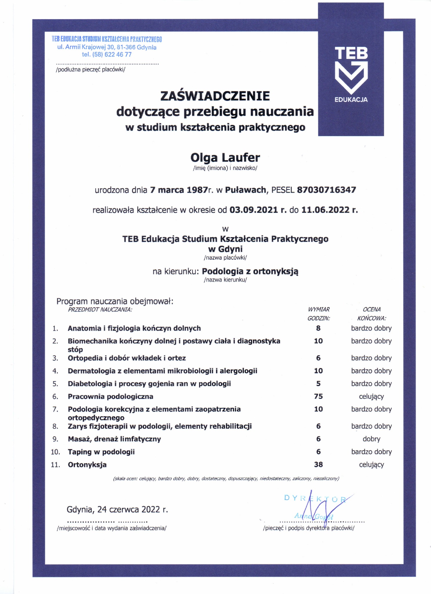 Skan zaświadczenia o przebiegu nauczania w studium kształcenia praktycznego TEB Edukacja na kierunku podologia z ortonyksją, zawierający listę przedmiotów i oceny.