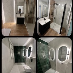 Art_HomeSERWIS Vitalii Kvasniuk - Kolaż prezentujący dwie różne, nowocześnie urządzone łazienki z kabinami prysznicowymi typu walk-in, umywalkami z szafkami w kolorze czarnym oraz lustrami; jedna z marmurowymi płytkami...