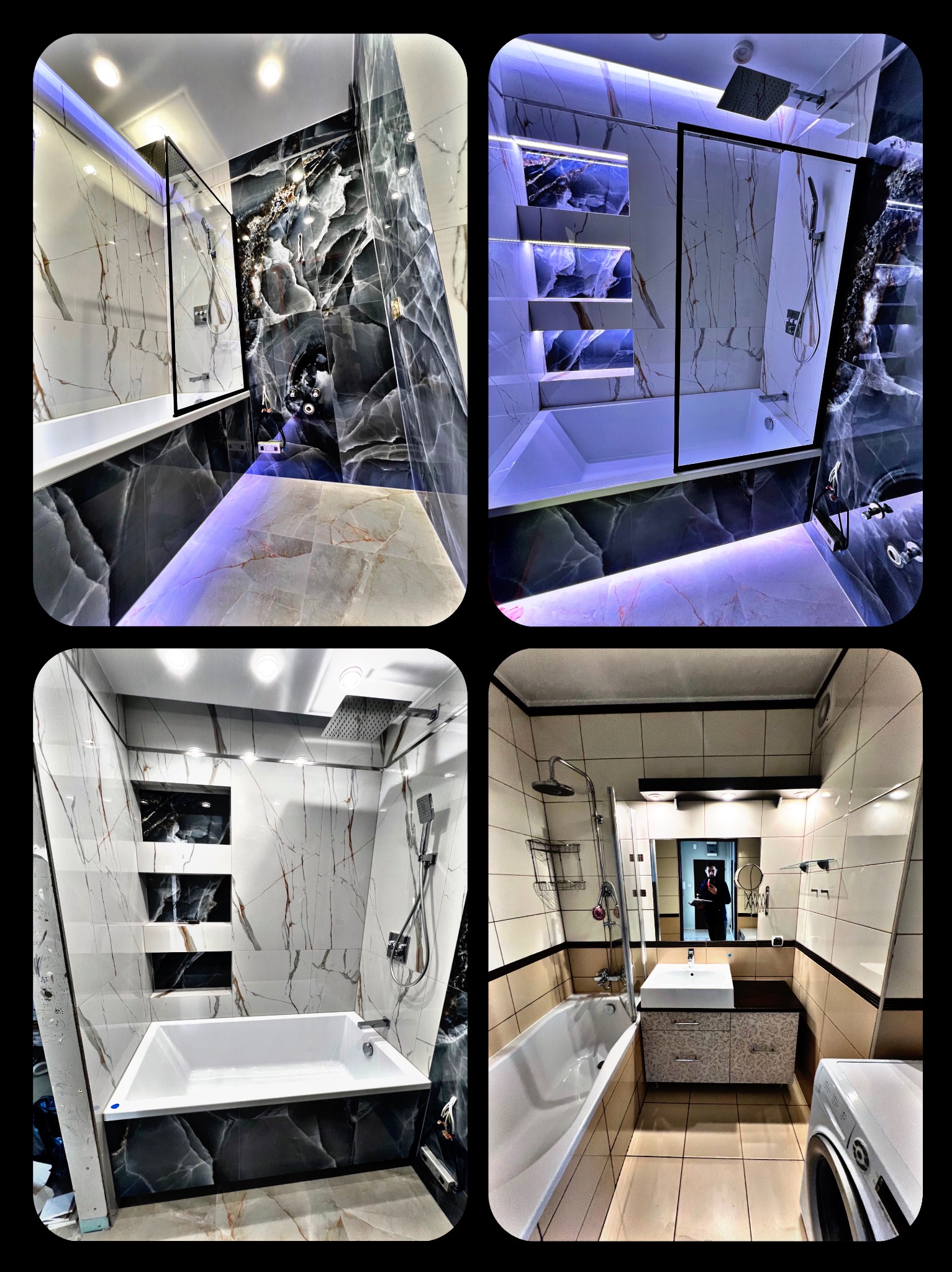 Kafelkowana łazienka z wanną, kabiną prysznicową typu walk-in, umywalką z szafką i oświetleniem LED, prezentowana w czterech ujęciach; widoczne płytki imitujące marmur w odcieniach bieli, szarości...