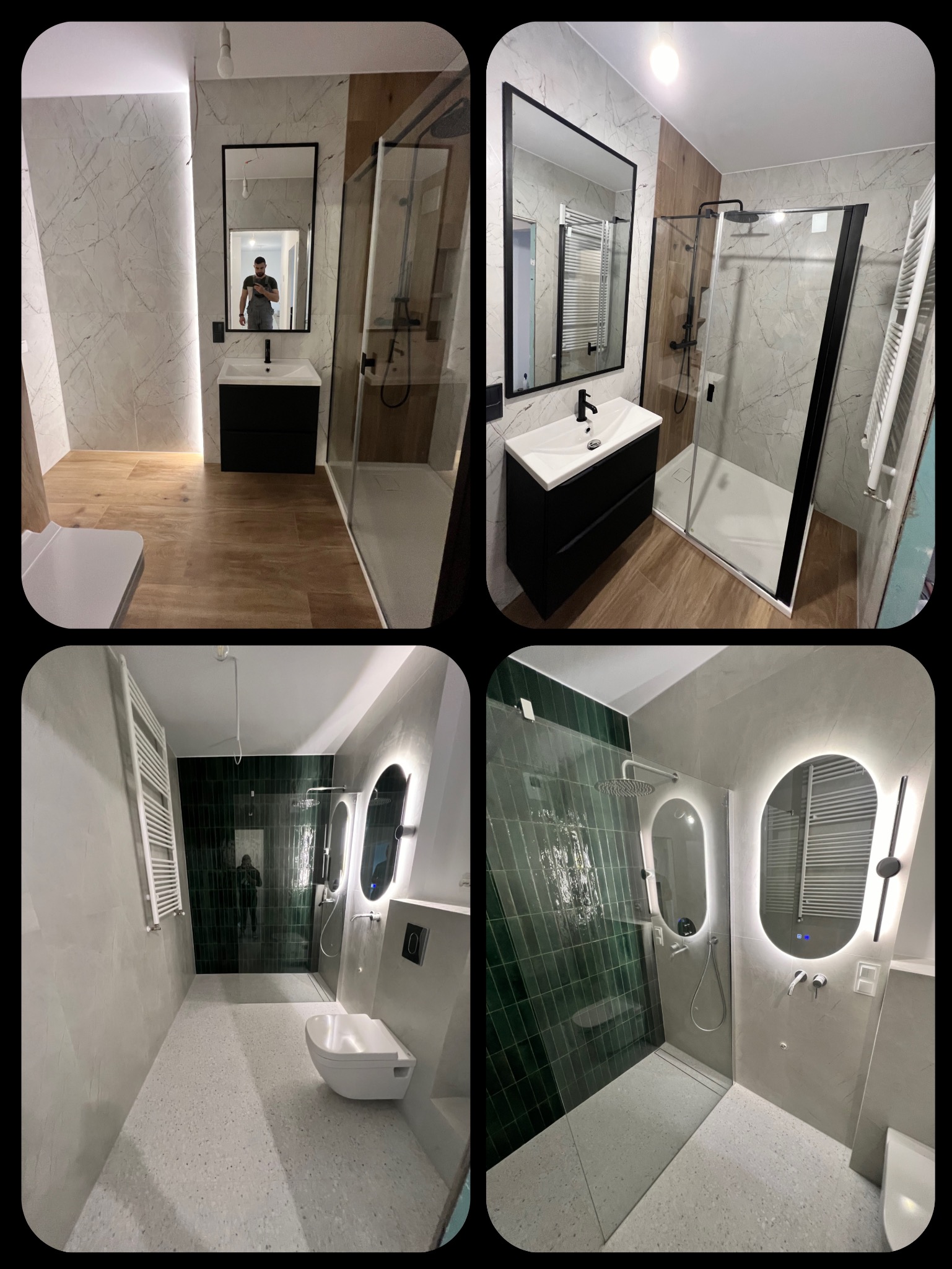 Kolaż prezentujący dwie różne, nowocześnie urządzone łazienki z kabinami prysznicowymi typu walk-in, umywalkami z szafkami w kolorze czarnym oraz lustrami; jedna z marmurowymi płytkami...