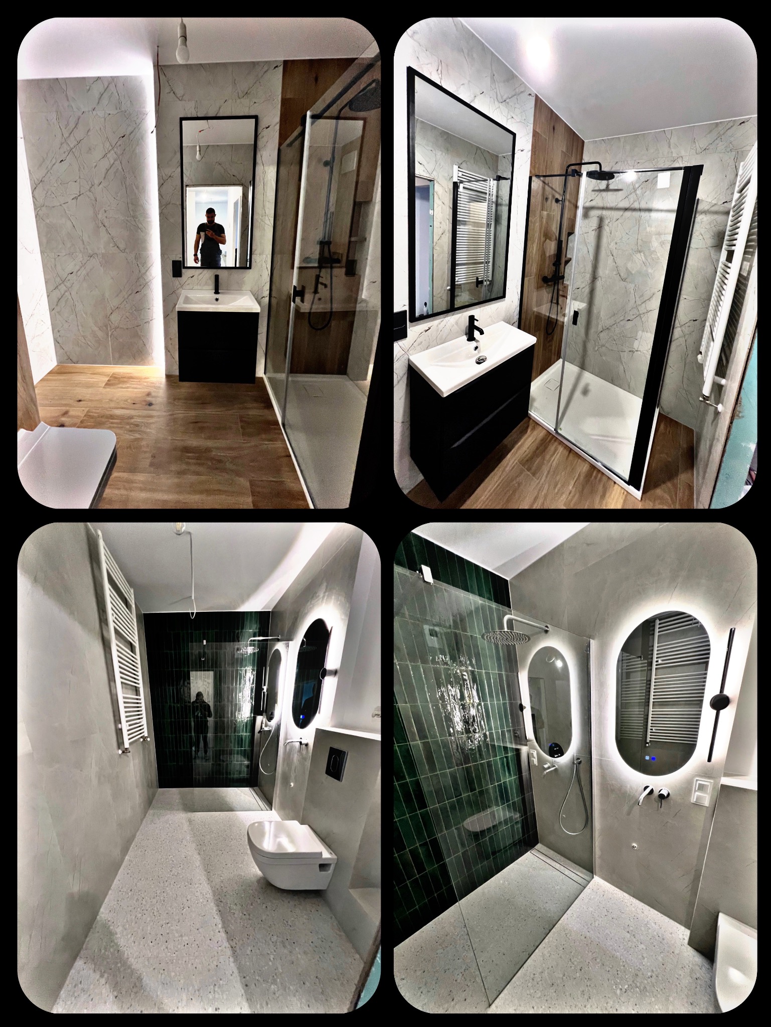 Cztery ujęcia wyremontowanej łazienki z elementami w kolorach bieli, czerni, drewna i butelkowej zieleni, ukazujące kabinę prysznicową typu walk-in, umywalkę z szafką, podświetlane lustro i wiszącą...