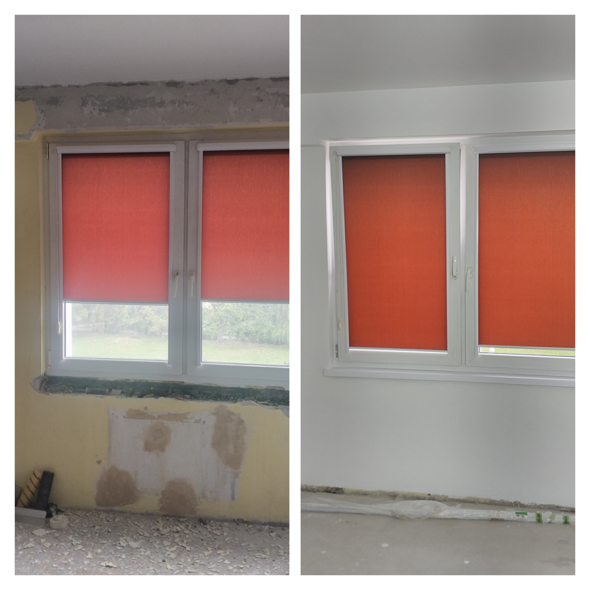 Porównanie stanu ściany okiennej przed i po: widoczne nierówności i ubytki przed oraz gładka, pomalowana powierzchnia po remoncie, z zamontowanymi roletami w kolorze pomarańczowym.