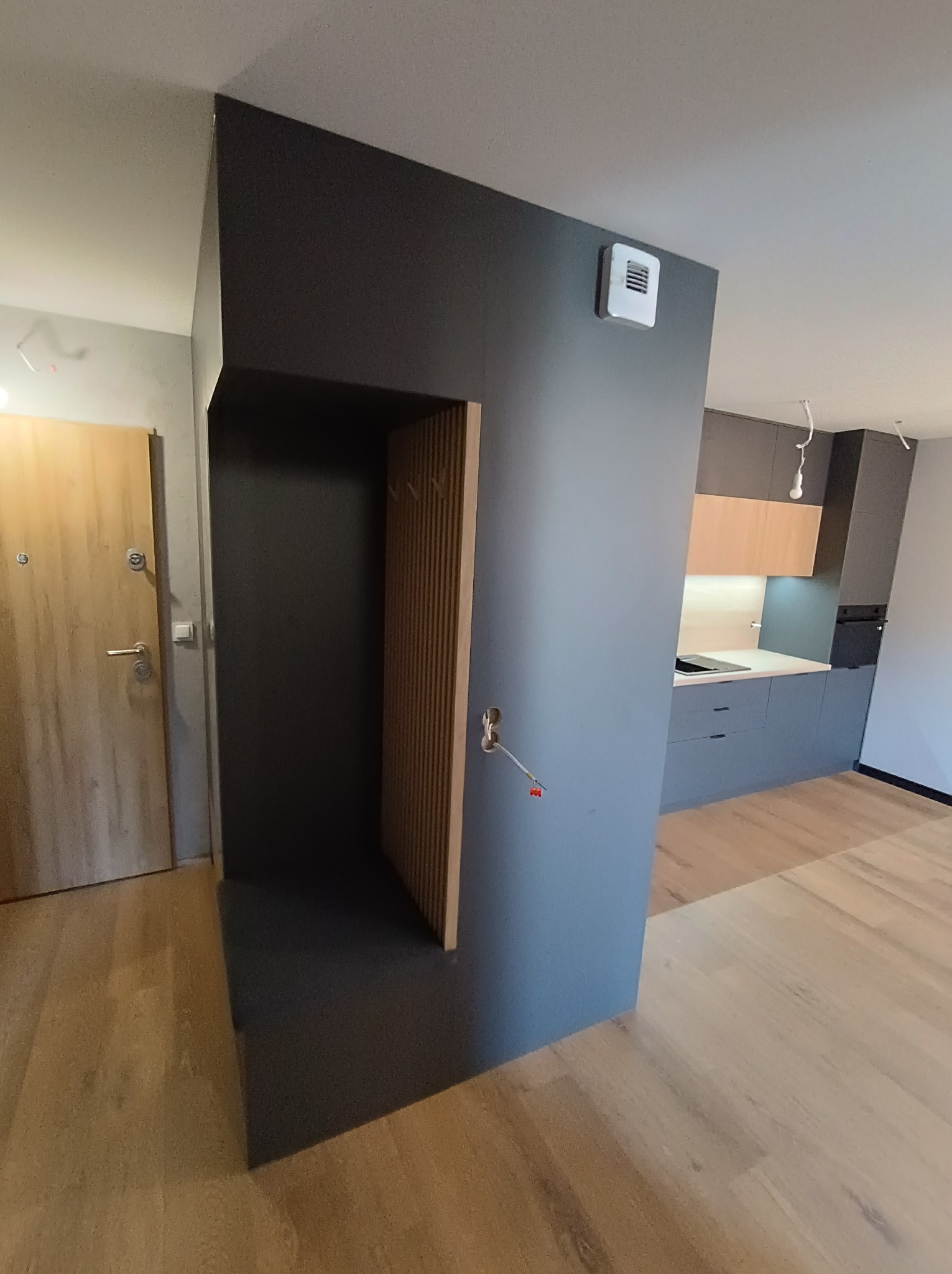 Nowoczesne wnętrze z antracytową ścianą działową, w której wbudowana jest szafa z lamelami; w tle widoczna szara zabudowa kuchenna z drewnianymi szafkami.