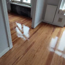 Błyszcząca, odnowiona podłoga z desek w pokoju z oknem i grzejnikiem, widoczne refleksy światła, świeżo po lakierowaniu.