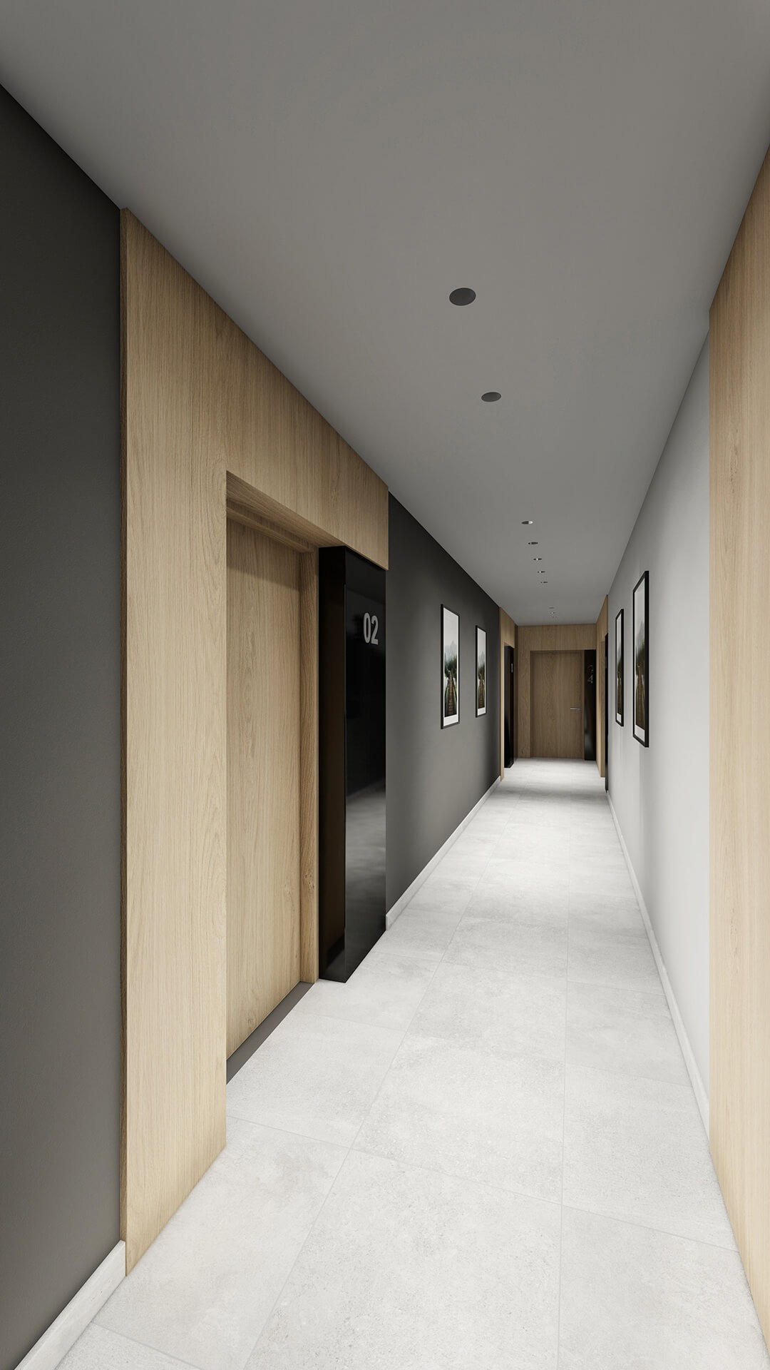 Długi korytarz w nowoczesnym stylu z szarymi ścianami, drewnianymi panelami i drzwiami, oświetlony punktowo, z obrazami na ścianach i jasną podłogą z płytek.