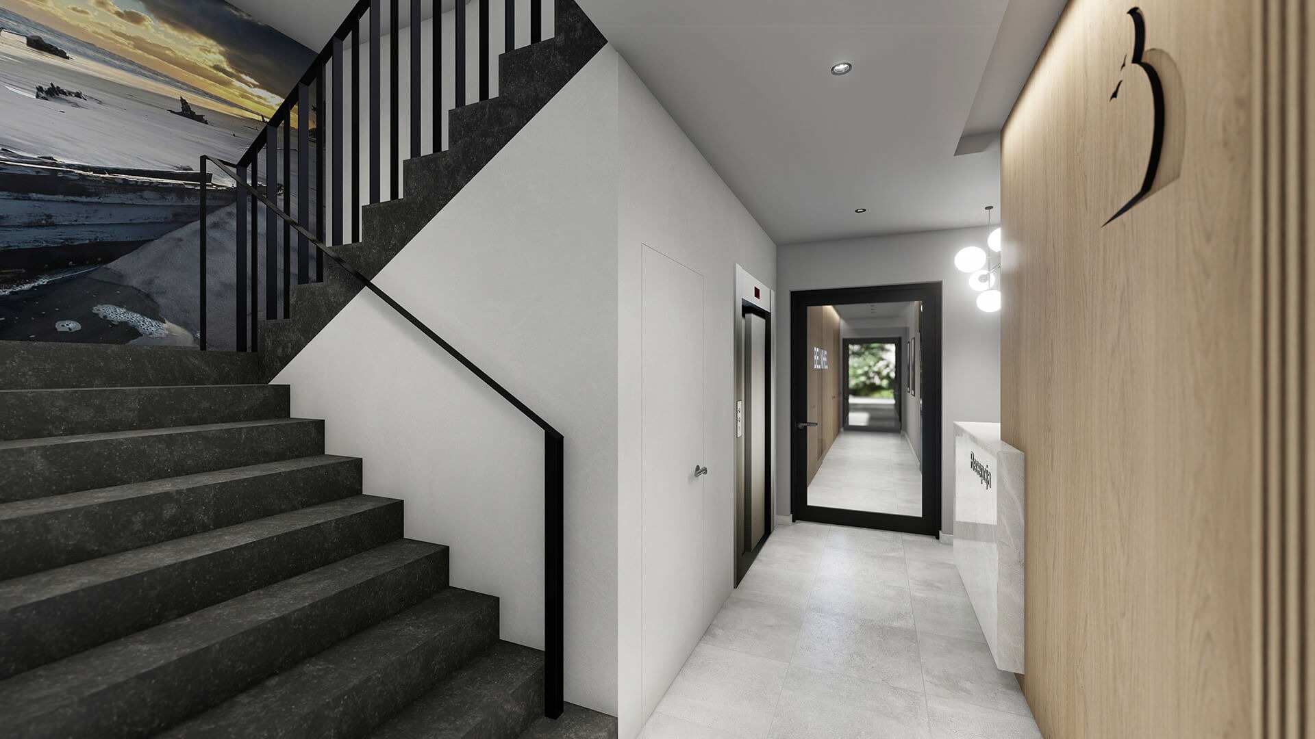 Nowoczesne wnętrze klatki schodowej z ciemnymi schodami i czarną balustradą, fototapeta z motywem plaży, drzwi do windy i recepcja z drewnianą okładziną.