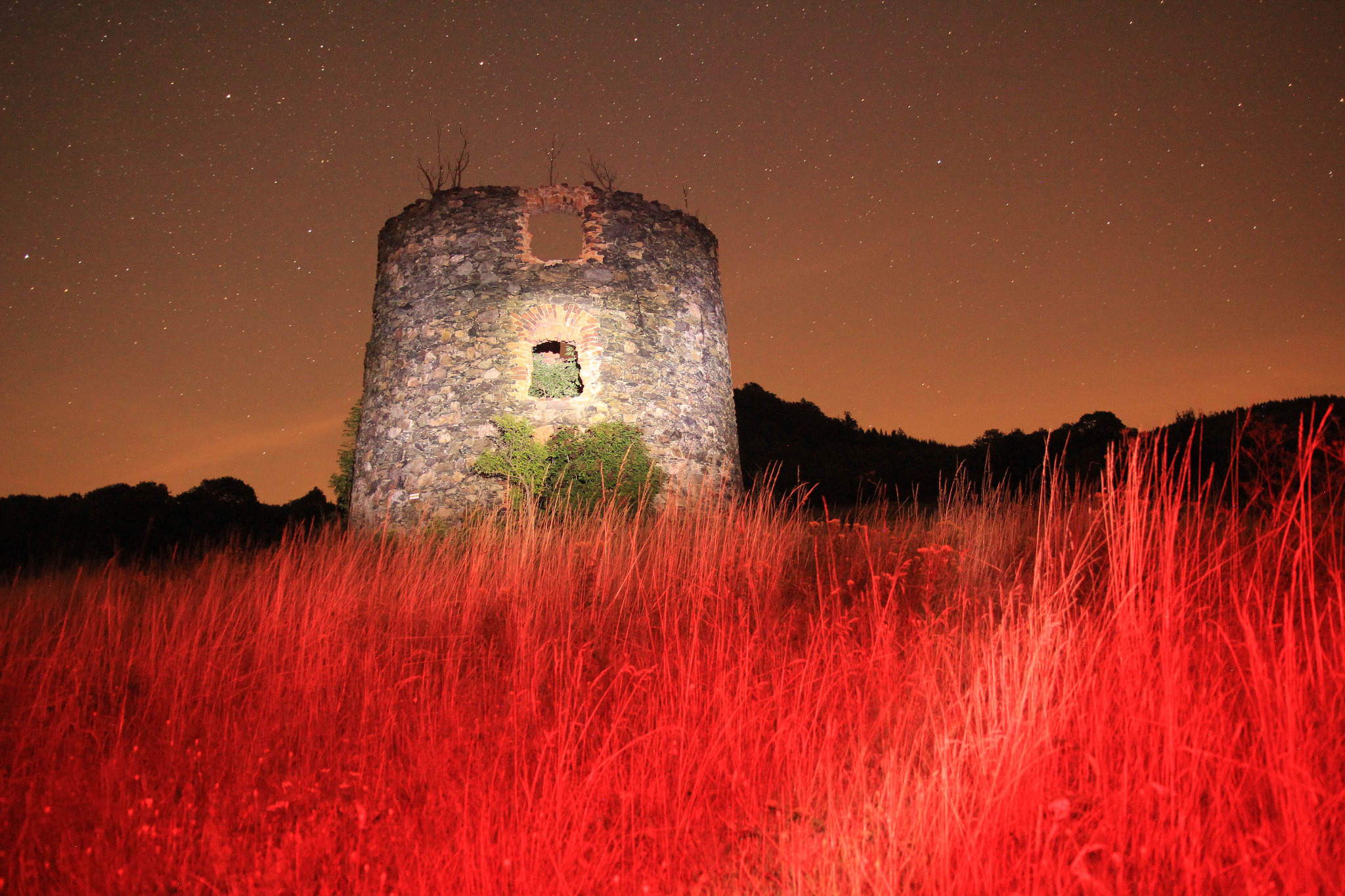 Kamienna ruina wieży pod rozgwieżdżonym niebem, oświetlona od wewnątrz, z czerwonymi trawami na pierwszym planie.
