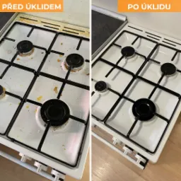 Por&oacute;wnanie stanu kuchenki gazowej przed i po czyszczeniu, widoczne zabrudzenia i przypalenia usunięte, czysta biała powierzchnia.