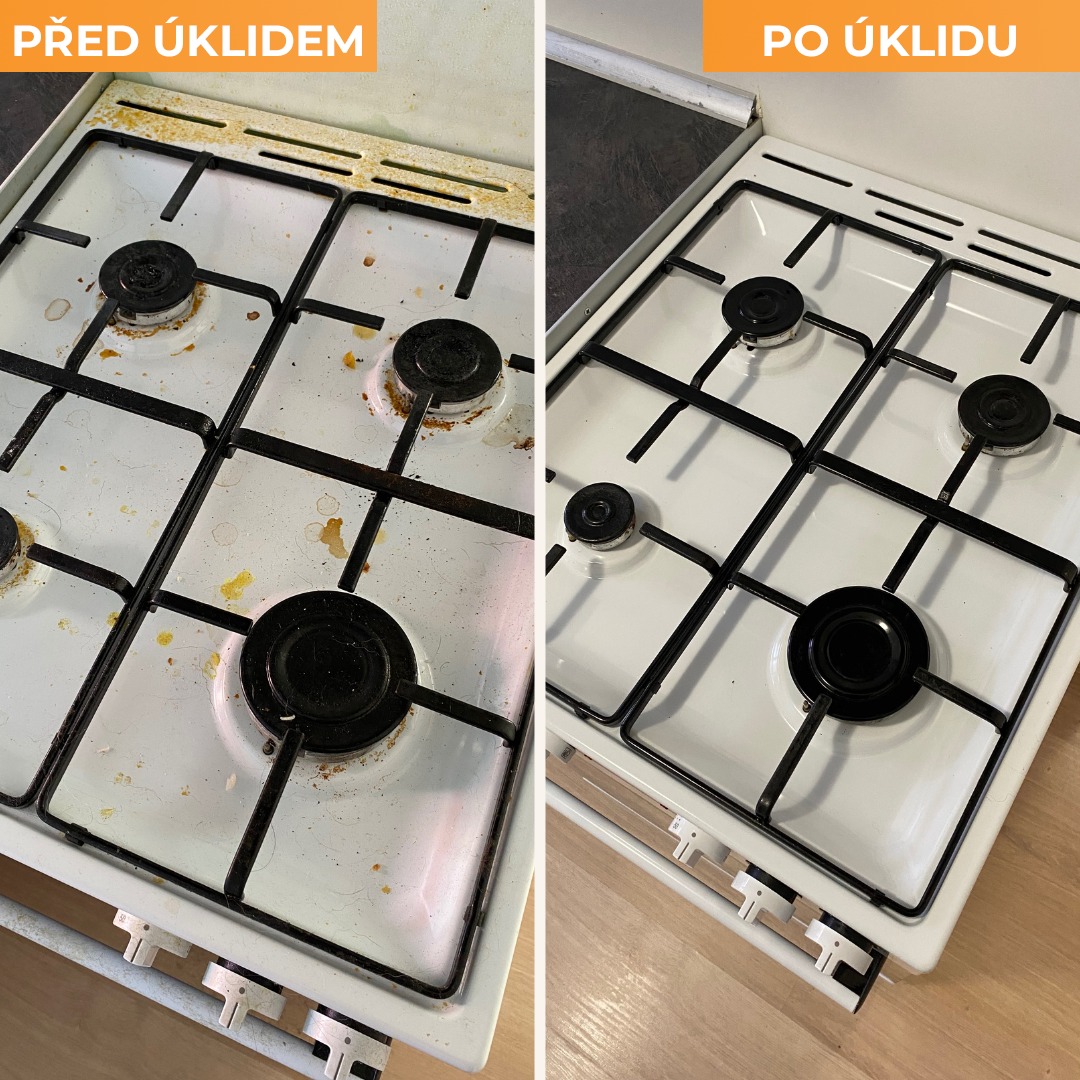 Porównanie stanu kuchenki gazowej przed i po czyszczeniu, widoczne zabrudzenia i przypalenia usunięte, czysta biała powierzchnia.