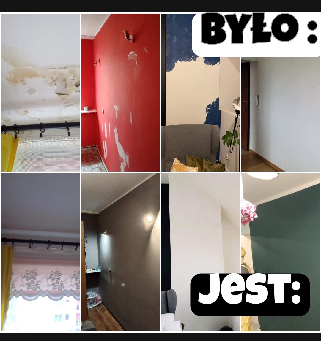Kompozycja zdjęć 'przed' i 'po' ukazująca efekty prac remontowych: usunięcie zacieków na suficie, przygotowanie ścian do malowania, zmiany kolorystyki ścian w różnych pomieszczeniach.