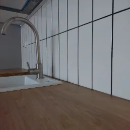 Nowoczesna kuchnia: białe, pionowe płytki z czarną fugą, drewniany blat, chromowana bateria i biały zlew, widok z niskiej perspektywy.