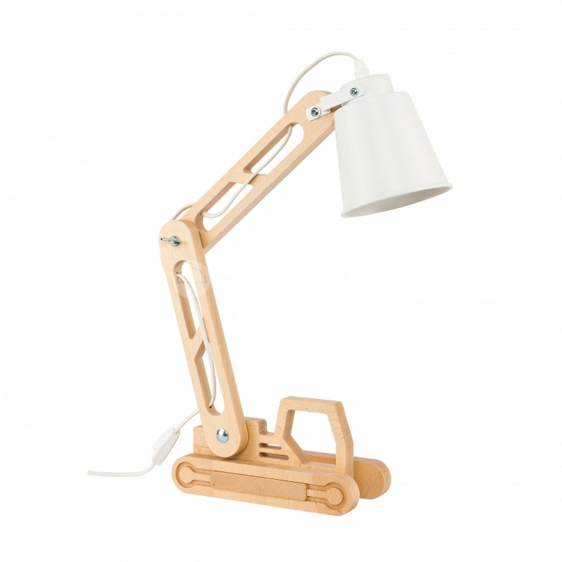 Drewniana lampka biurkowa w kształcie koparki z białym kloszem, kabel widoczny po lewej stronie.