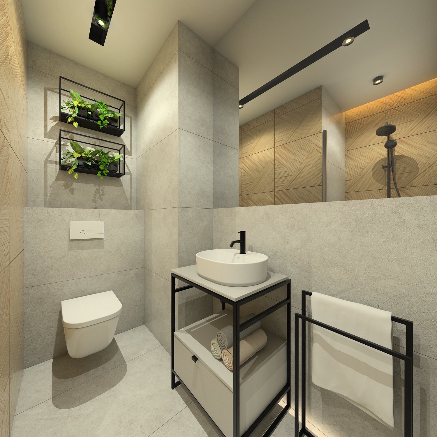 Nowoczesna łazienka z szarą płytką, wiszącą toaletą, umywalką na metalowym stelażu i roślinami w geometrycznych donicach. W lustrze odbicie prysznica z drewnianą mozaiką.