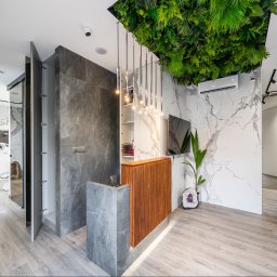 Manufactura - projektowanie wnętrz - Nowoczesne biuro z recepcją: drewno, marmur, szarość i zieleń. Designerskie oświetlenie i rośliny tworzą unikalny klimat. Widok na gabinet zabiegowy.