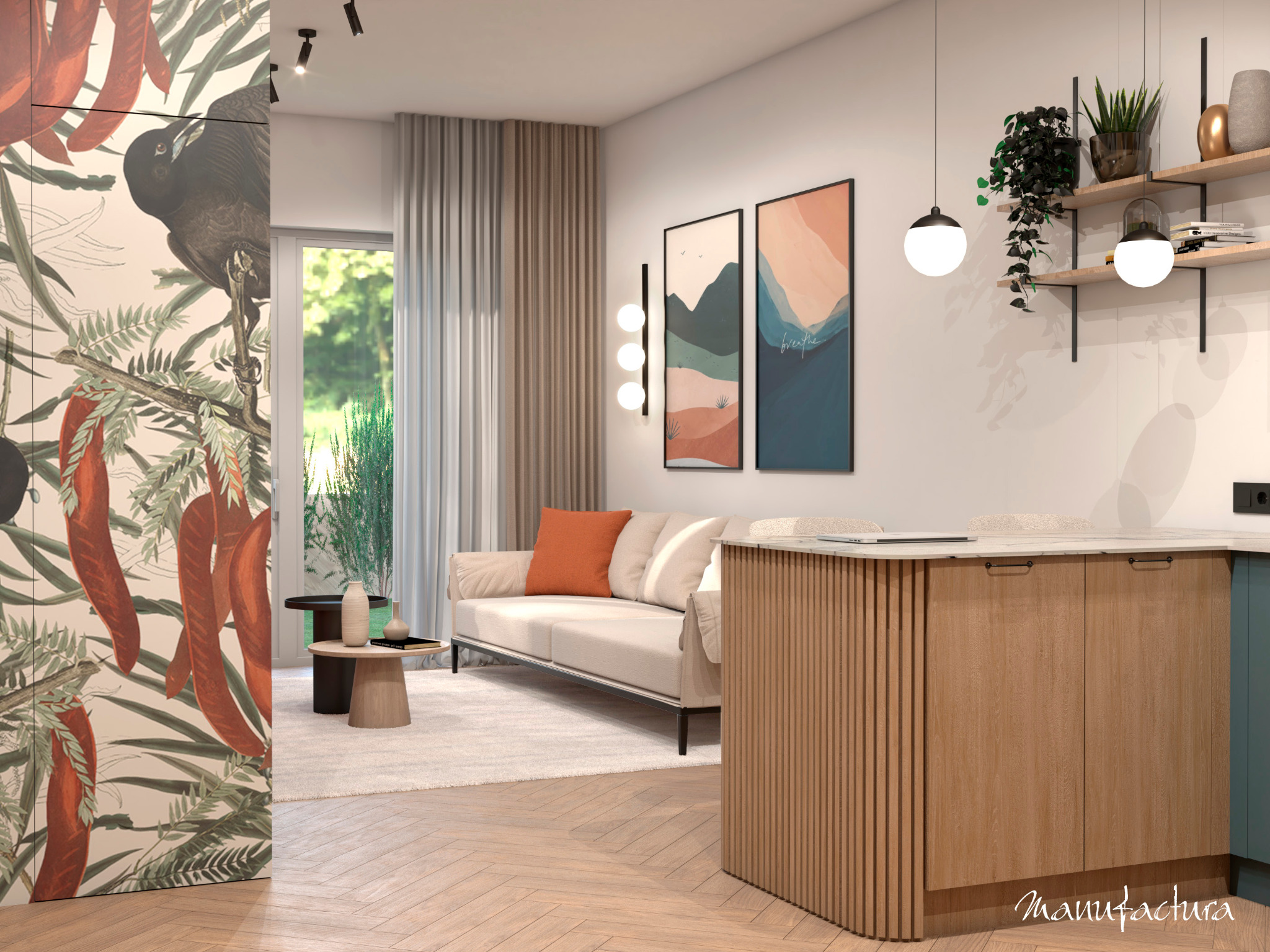 Jasne, przestronne wnętrze salonu z elementami dekoracyjnymi: szafa z motywem roślinnym, beżowa sofa z pomarańczową poduszką, abstrakcyjne obrazy na ścianie, drewniany stolik kawowy i wyspa...